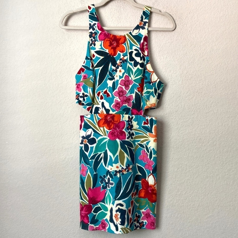Zara Teal Floral Cutout Jumpsuit with Pink & Orange Flowers